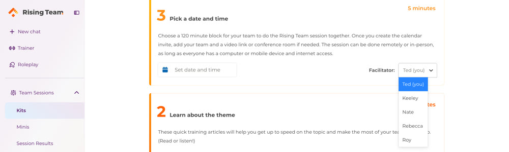The Facilitator dropdown open on a kit page, listing everyone on the team