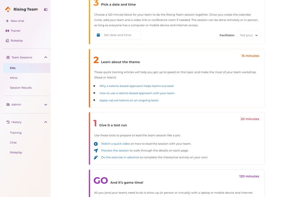 A kit page laid out as steps 3, 2, 1 and GO, showing Pick a date and time