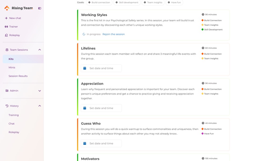 The kit library with filters for length, status, type and goal