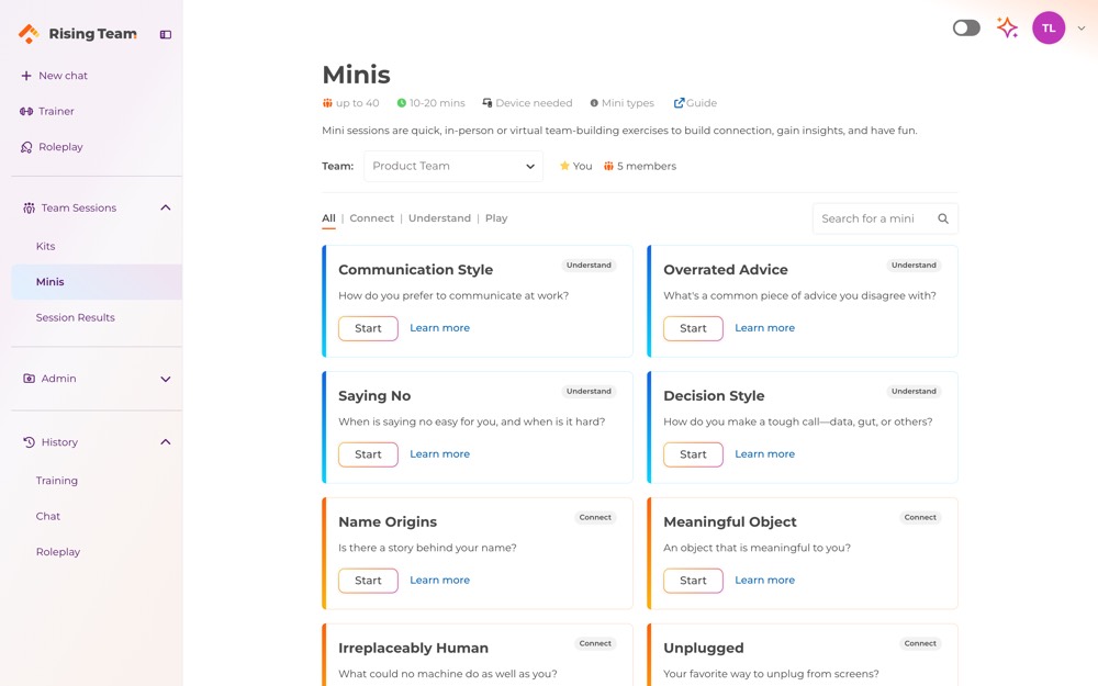 The Minis page showing Connect, Understand and Play categories