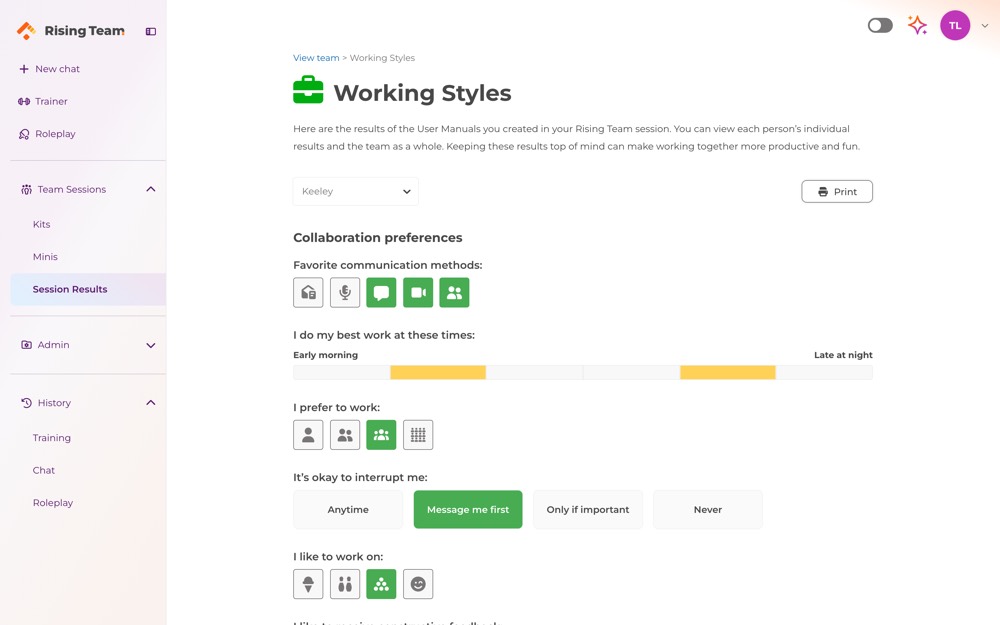 An individual Working Styles results page showing collaboration preferences