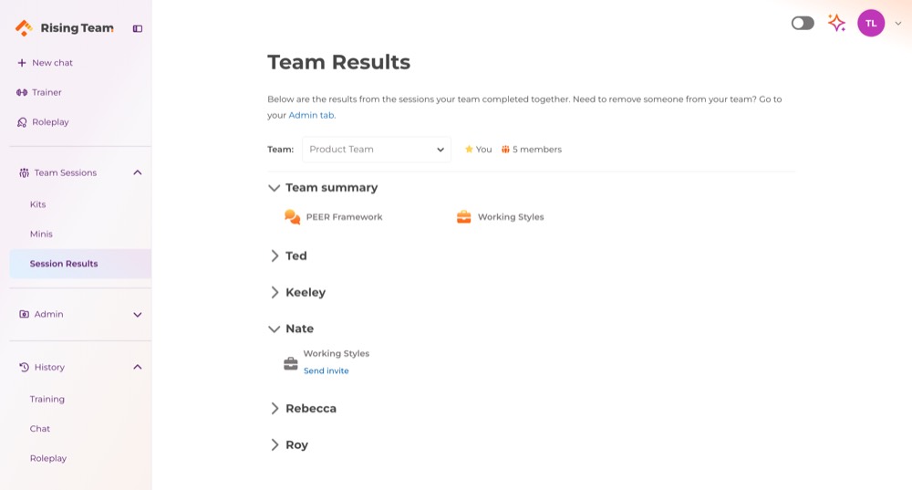 Session Results with a team member expanded, showing a Send invite link