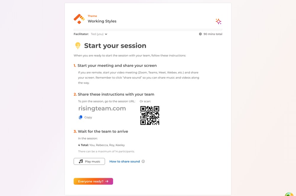 The Start your session screen with the join link, QR code and participant list