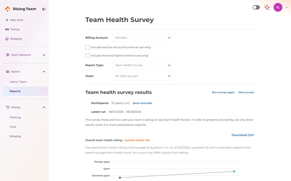 The Team Health Survey report showing a baseline run and a follow-up run