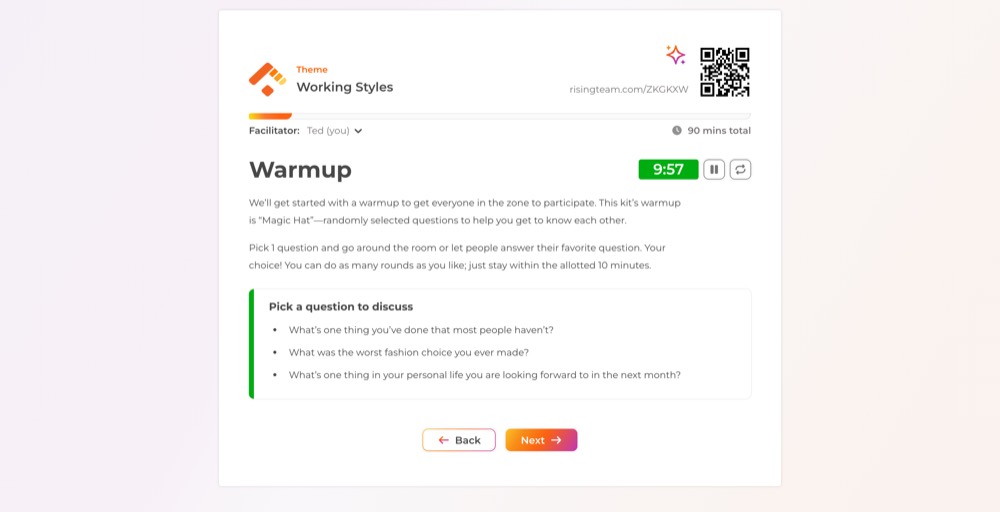 A session step showing the countdown timer with pause and reset controls