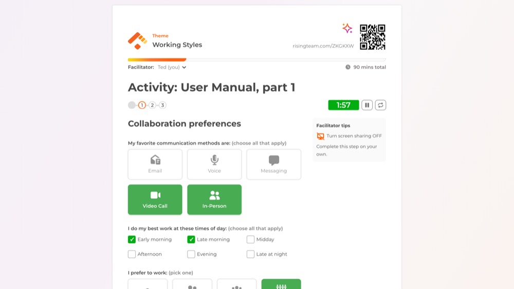 An activity step with a Facilitator tips panel reading Turn screen sharing OFF