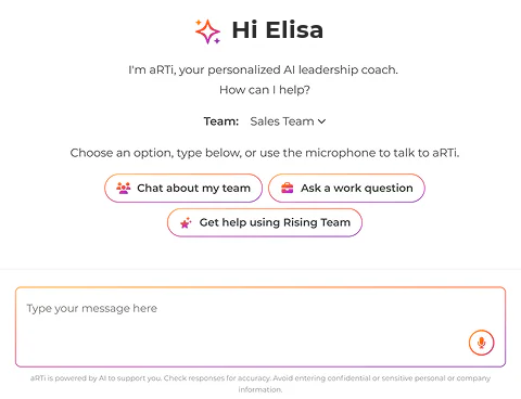 Arti greeting Elisa and asking how it can help: chat about my team, ask a work question, or get help using Rising Team