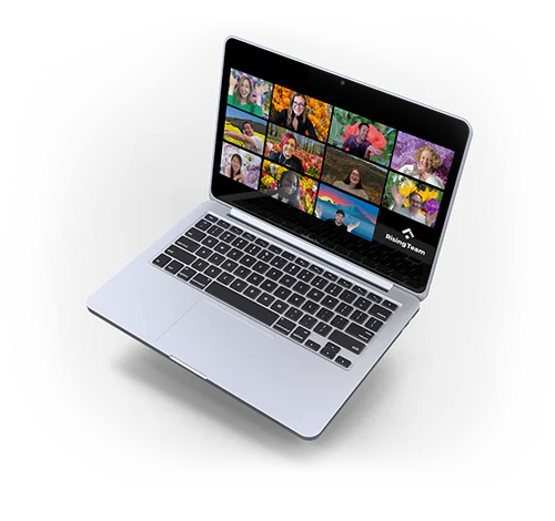 Zoom team pic on a tilted laptop.